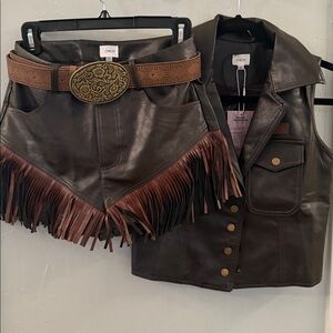 NWT - Vintage Western Dark Brown Distressed V-Neck Vest And Tassel Shorts Set